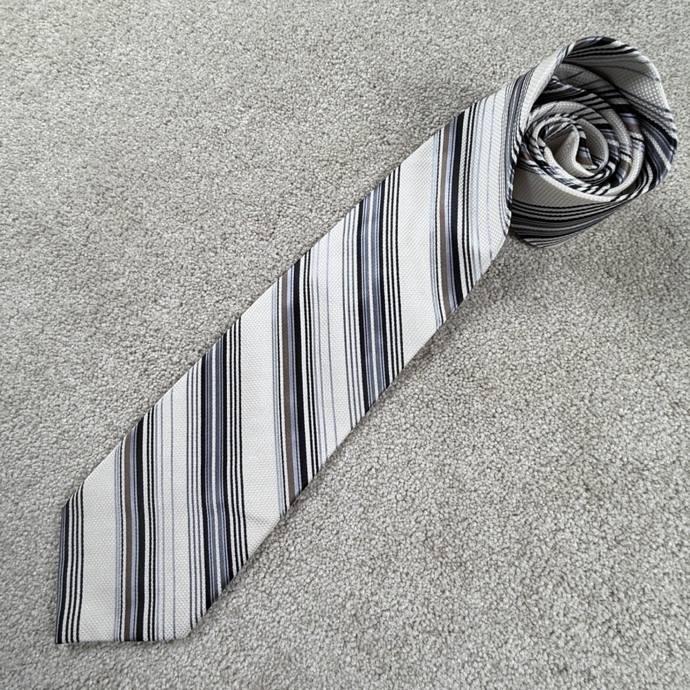 Bruno Piattelli Necktie Mens OS Cream Grey Black Silk Excellent Striped Handmade